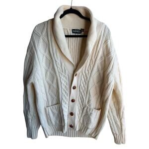 Robinson’s Men’s 90s Cream Cable Knit Shawl Collar Cardigan Sweater Size Large